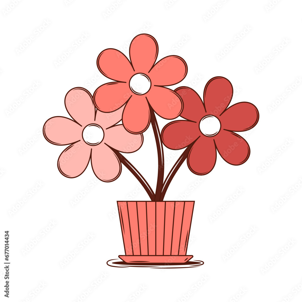 Groovy retro cartoon lovely heart sticker, patch. Valentines Day. Chamomile flowers in a pot. For poster, card, print. Trendy retro 60s 70s style. Red, pink colors. Vector