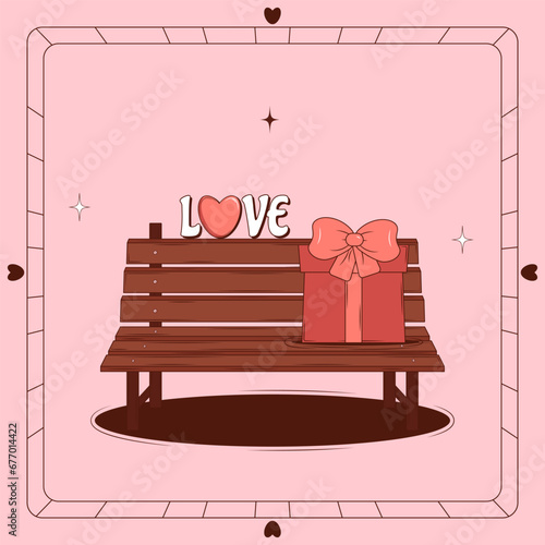 Retro lovely cartoon heart poster. Cute Groovy Wooden bench, Gift box and Love. Happy Valentines Day. Trendy retro 60s 70s style. Flyer, card, print. Red, pink colors. Vector