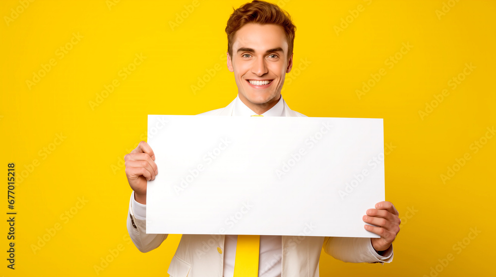 SMILING BUSINESSMAN SHOWING BLANK WHITE POSTER FOR MARKETING ON YELLOW BACKGROUND. legal AI