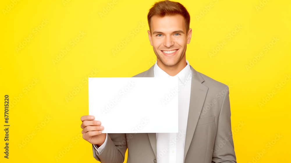 SMILING BUSINESSMAN SHOWING BLANK WHITE POSTER FOR MARKETING ON YELLOW BACKGROUND. legal AI SMILING BUSINESSMAN SHOWING BLANK WHITE POSTER FOR MARKETING ON YELLOW BACKGROUND. legal AI