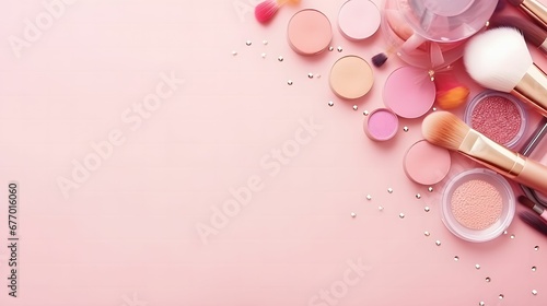 flat lay composition with product for decorative makeup products, cosmetics and flowers.