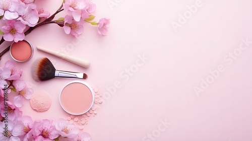 flat lay composition with product for decorative makeup products, cosmetics and flowers. photo