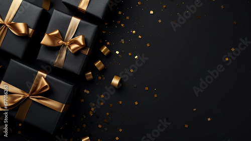 Black Gift Boxes With Gold Ribbons and Confetti Background