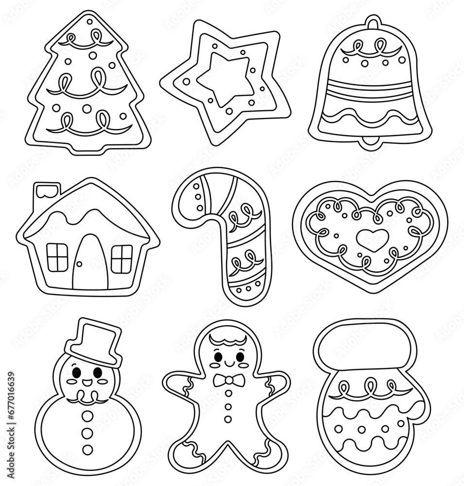 Fototapeta premium Christmas gingerbread cookies. Coloring Page. Homemade baking. Hand drawn style. Vector drawing. Collection of design elements.
