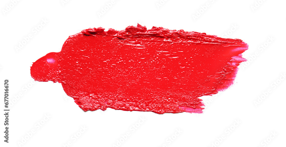 Sample of bright red lipstick on white background