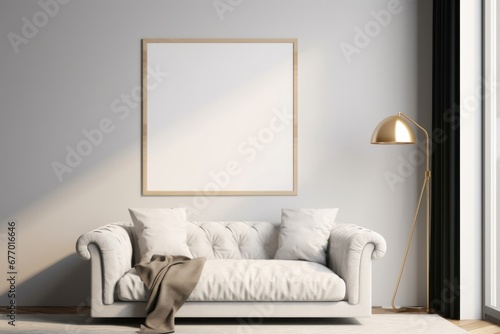 Frame mockup in modern living room interior with sofa, 3d render, Generative AI © Junior Picture Arts