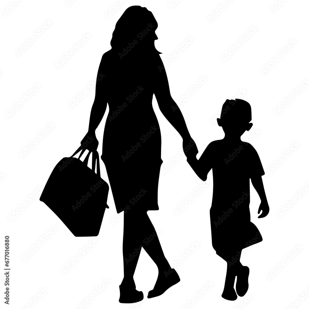 A mom Going to school with Her Child vector silhouette