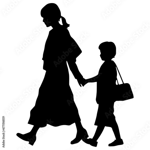 A mom Going to school with Her Child vector silhouette