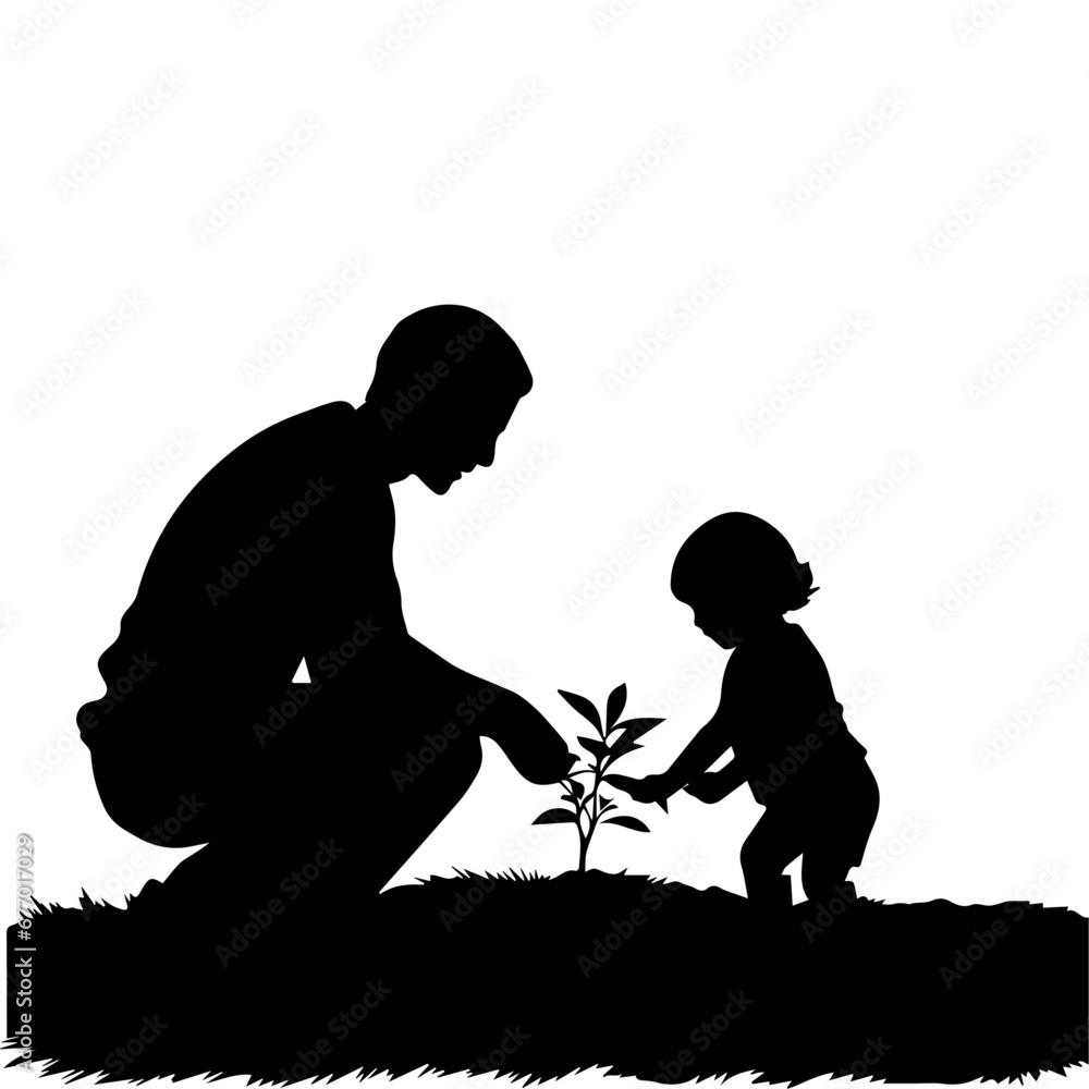 A Father and her child tree planting vector silhouette