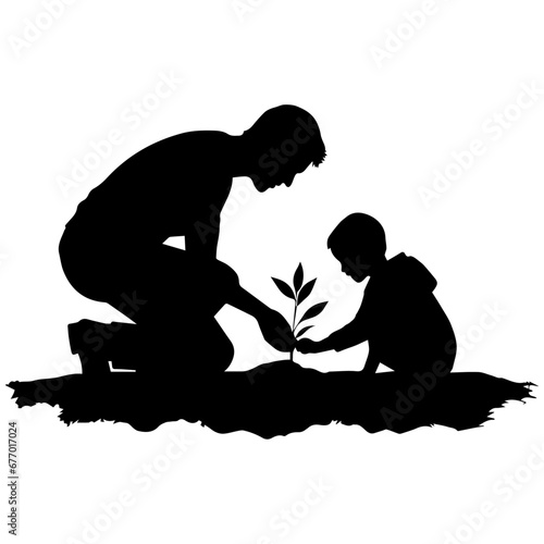 A Father and her child tree planting vector silhouette