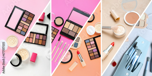 Collage of different cosmetic products on color background