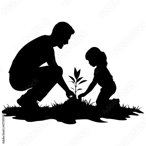 A Father and her child tree planting vector silhouette