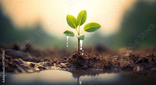 young plants growing up on ground with raining drop, save wold and green green environment concept, Generative AI photo