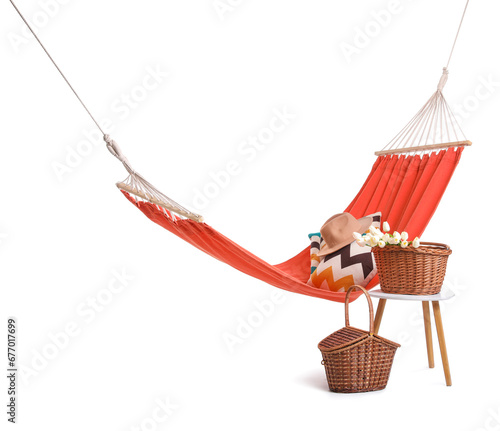 Cozy red hammock and basket...