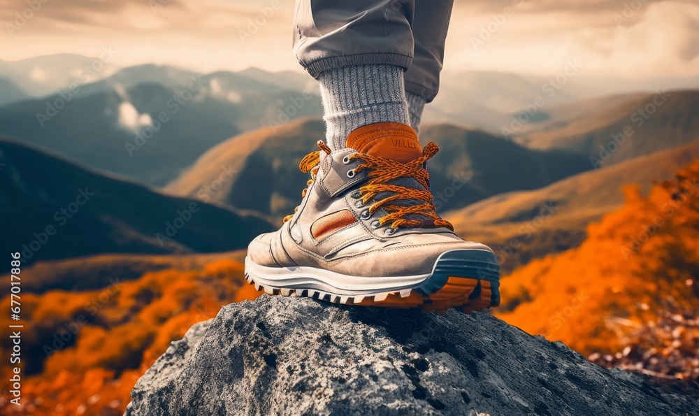 close up sneaker climber climbing up a beautiful mountain on autumn season,  Generative AI - obrazy, fototapety, plakaty 