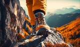 close up sneaker climber climbing up a beautiful mountain on autumn season,  Generative AI
