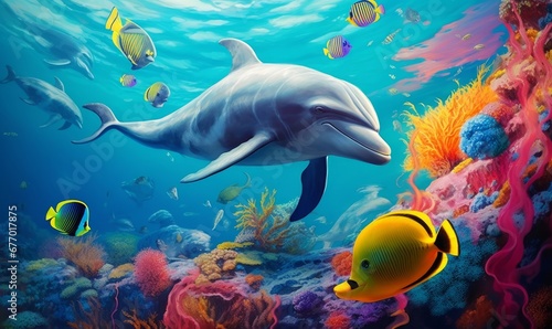 group of dolphins in colorful underwater, Generative AI
