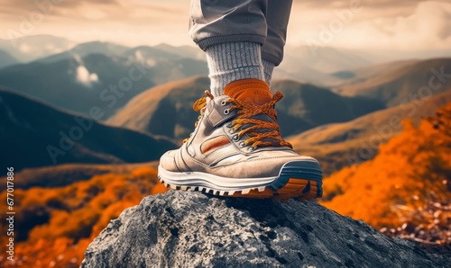 close up sneaker climber climbing up a beautiful mountain on autumn season,  Generative AI photo