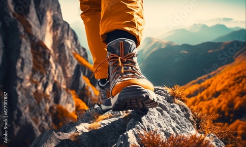 close up sneaker climber climbing up a beautiful mountain on autumn season, Generative AI