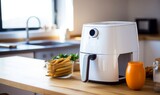 White air fryer or oil free fryer appliance on the wooden table in the modern kitchen near window, Generative AI