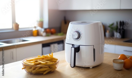 White air fryer or oil free fryer appliance on the wooden table in the modern kitchen near window, Generative AI