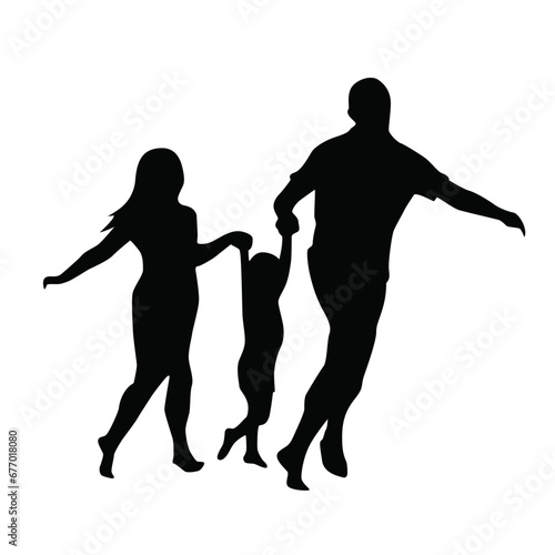 Happy family - father, mother, baby son hold hands and run with fun along edge of sunset sea Black flat vector icon.