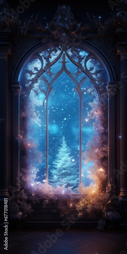 A magical window in a classic style behind which lurks a Christmas fairy tale