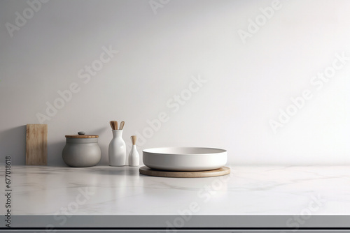 Empty bowl on white table marble with wall of white marble background. High quality photo