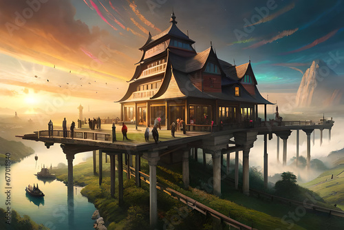 2d digital illustration concept art fantasy world manga style huge castle
