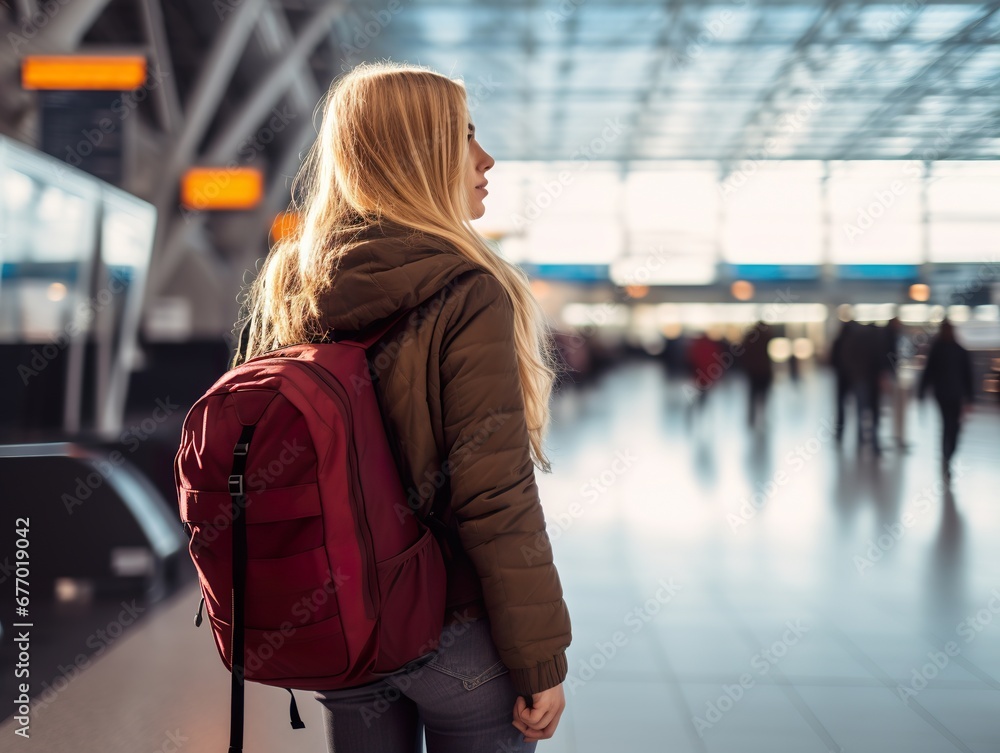 travel at the airport with backpack walking at the gate airport and excited woman with passport journey and flight schedule search for traveler enjoy trip and holiday travel at the airport with backpack walking at the gate airport and excited woman with passport journey and flight schedule search for traveler enjoy trip and holiday