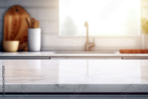 White marble countertop and blurred kitchen interior with sunlight from window in background. High quality photo