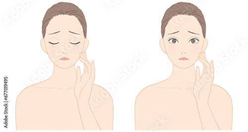 スキンケアをする女性　ネガティブな表情セット