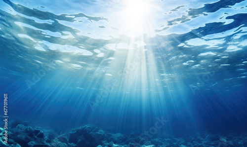 Underwater scene with sunbeams shining through the water surface. High quality photo