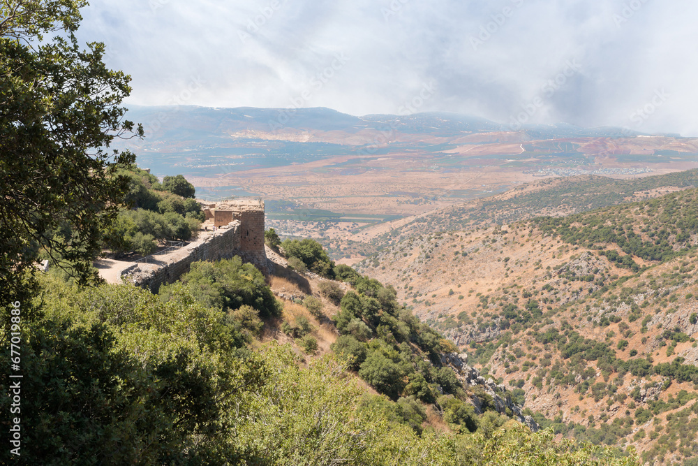 View towards the Lebanese border from the fortress walls of the medieval fortress of Nimrod - Qalaat al-Subeiba, located near the border with Syria and Lebanon on the Golan Heights, in northern Israel