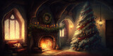 Christmas Tree with Christmas Decoration next to fireplace in fairy tale interior of magic house or old castle. Beautiful Christmas and New Year Background