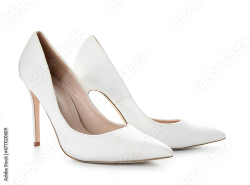 Stylish high heels on white background