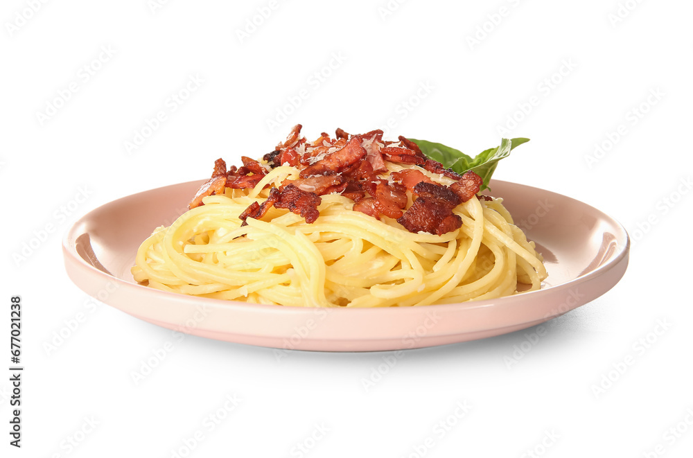 Plate with tasty pasta carbonara on white background Plate with tasty pasta carbonara on white background