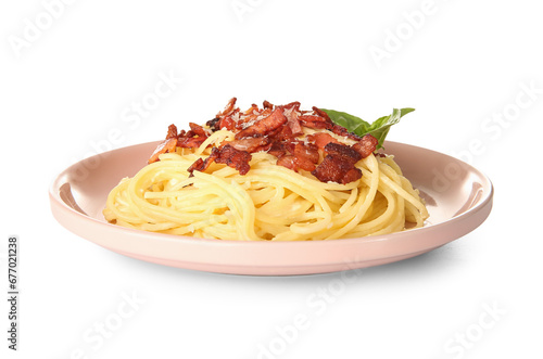 Plate with tasty pasta carbonara on white background