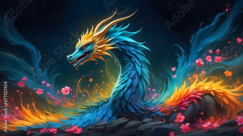 Stunning graphic image of a beautiful dragon adorned with vibrant colors and surrounded by blossoms. © Victoria