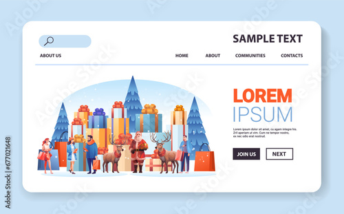 santa claus reindeers and people with shopping bags standing near gift boxes and fir trees new year holiday season big sale special offer promotion