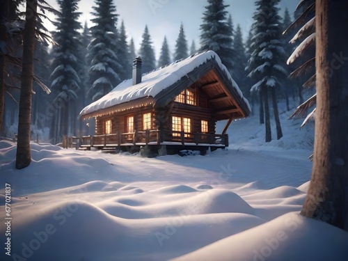 Fantastic winter landscape with glowing wooden cabin in snowy forest. Generative AI © Royalty-Free