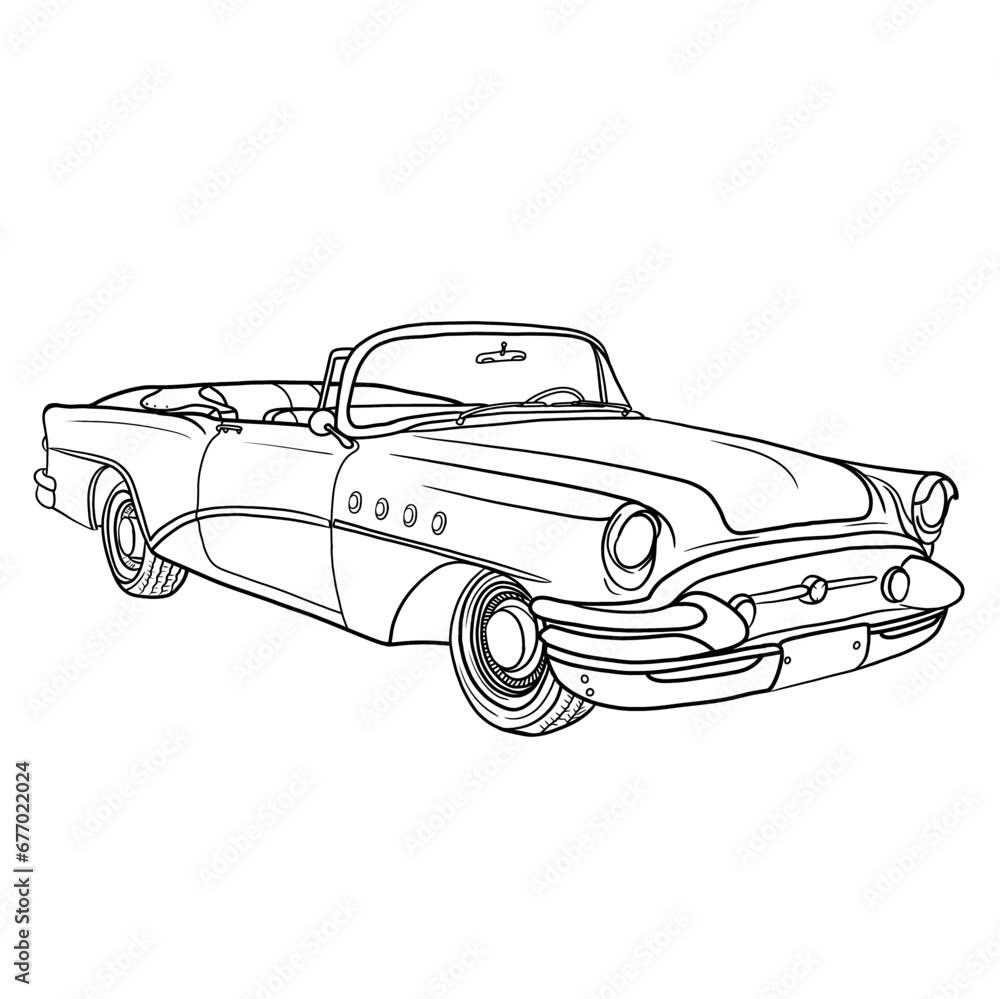 Classic European convertible sports cars Vector Illustration line art with two-door, two-seater, Hand-Drawn Outline Design, Isolated on White Background