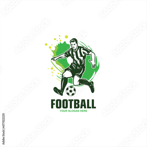 Soccer player running with ball, isolated vector silhouette. Abstract soccer logo.