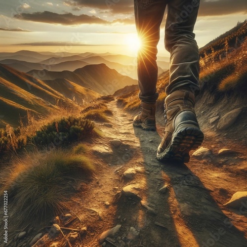 At sunset, a hiker's boots take center stage in a close-up shot, navigating a challenging mountain trail with rugged terrain 