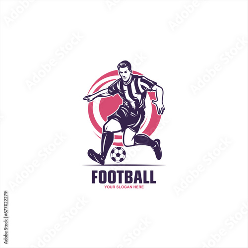 Soccer player running with ball  isolated vector silhouette. Abstract soccer logo.