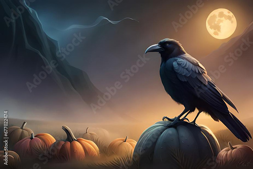 illustration with raven and pumpkins on a halloween theme
