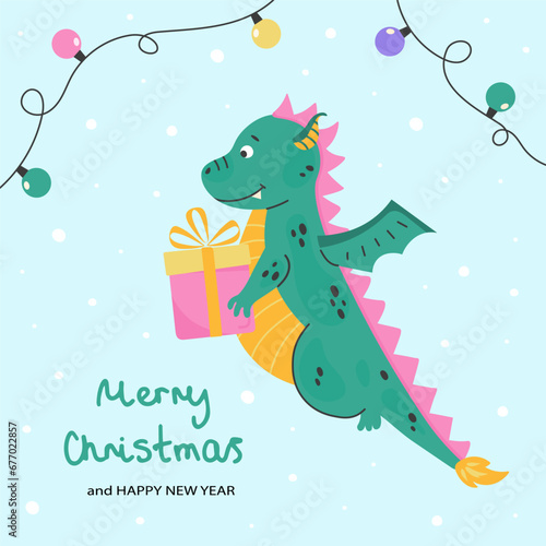 Merry Christmas with cute dragon with gifts