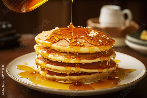 Stack of hot pancakes for breakfast with maple syrup dripping of the pile and the plate