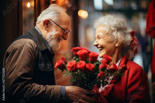 Senior man giving bouquet of red roses to his wife for anniversary
