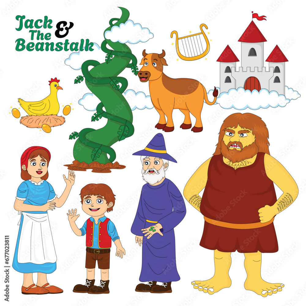 collection of popular children's story book characters jack and the beanstalk, editable, vector, eps 10, characters Jack, mother, old grandfather, giant, cow, chicken and golden harp and giant peas - obrazy, fototapety, plakaty 